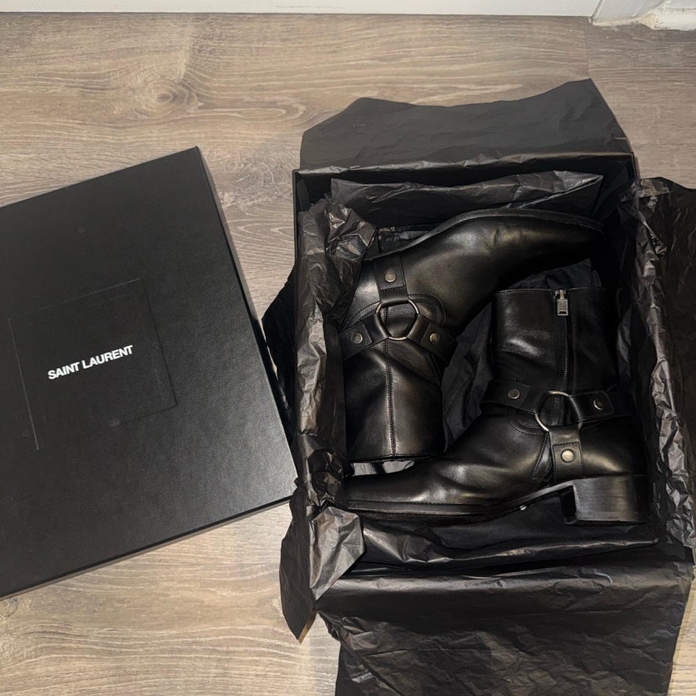 Men’s Saint Laurent Black Wyatt Harness Leather Boots (Used)